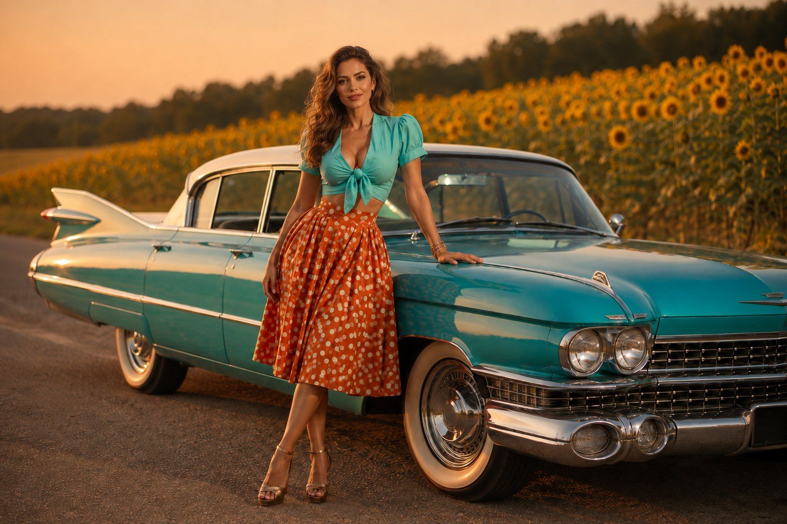 Model naast een turquoise klassieke Cadillac in een zonnebloemveld bij zonsondergang